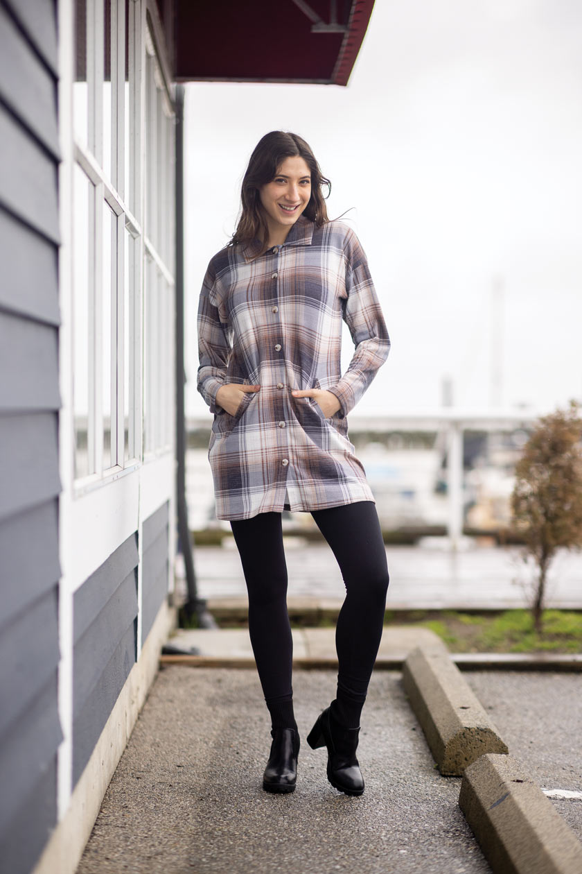 SD-13419 - Brushed Plaid Button Up Sweater Dress with Pockets